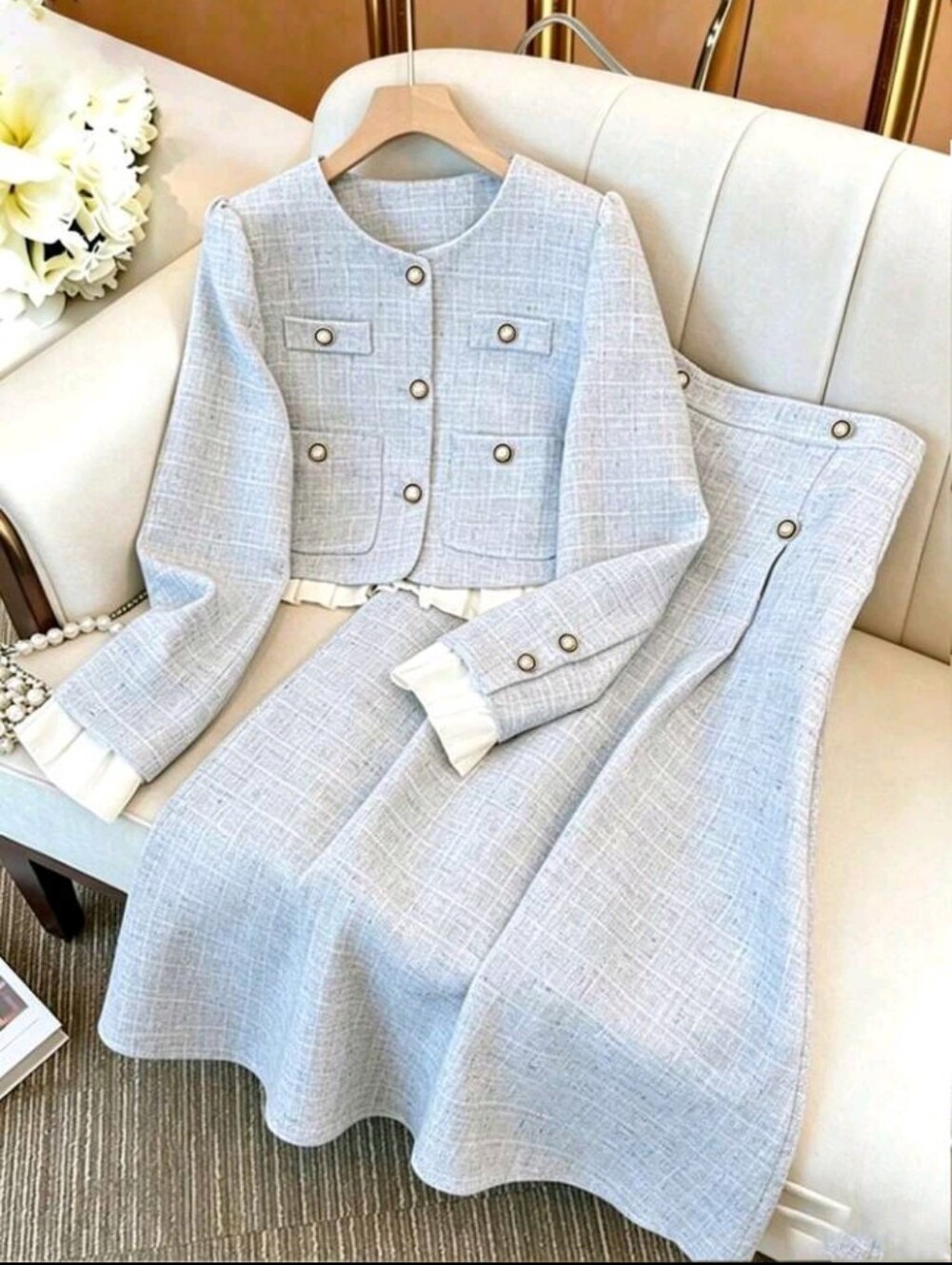 Women's Round Neck Single-Breasted Elegant Patchwork 2 Pieces Set Fall Cloth - Picture 5 of 6